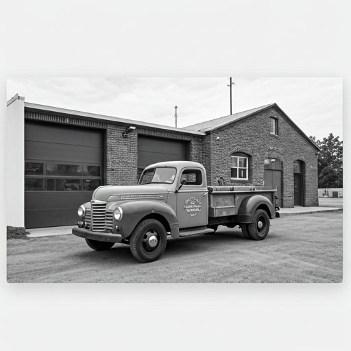 Premier camion de l'entreprise devant le garage
