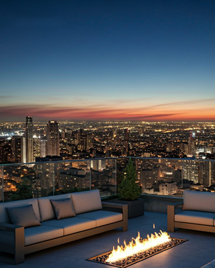 Terrasse avec vue sur la ville la nuit