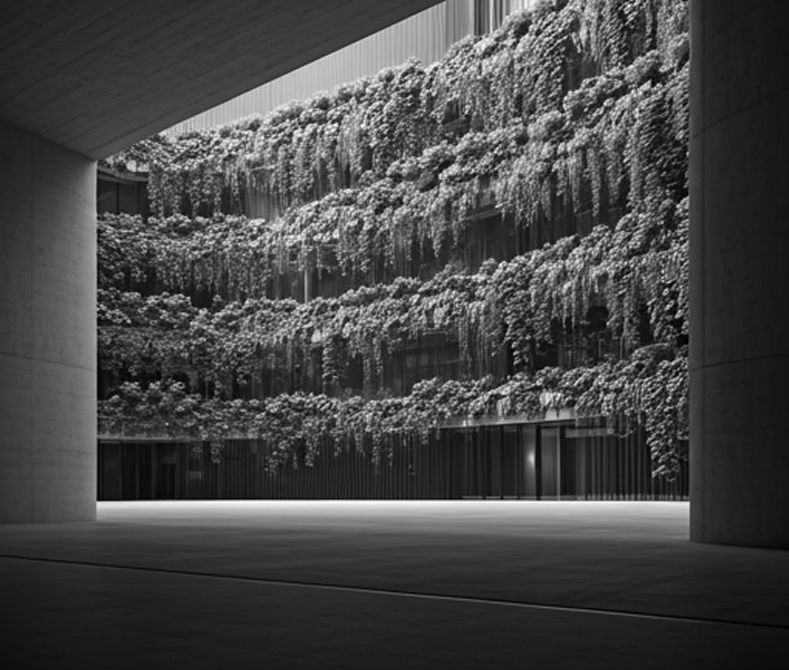 Façade végétalisée dans une cour en béton