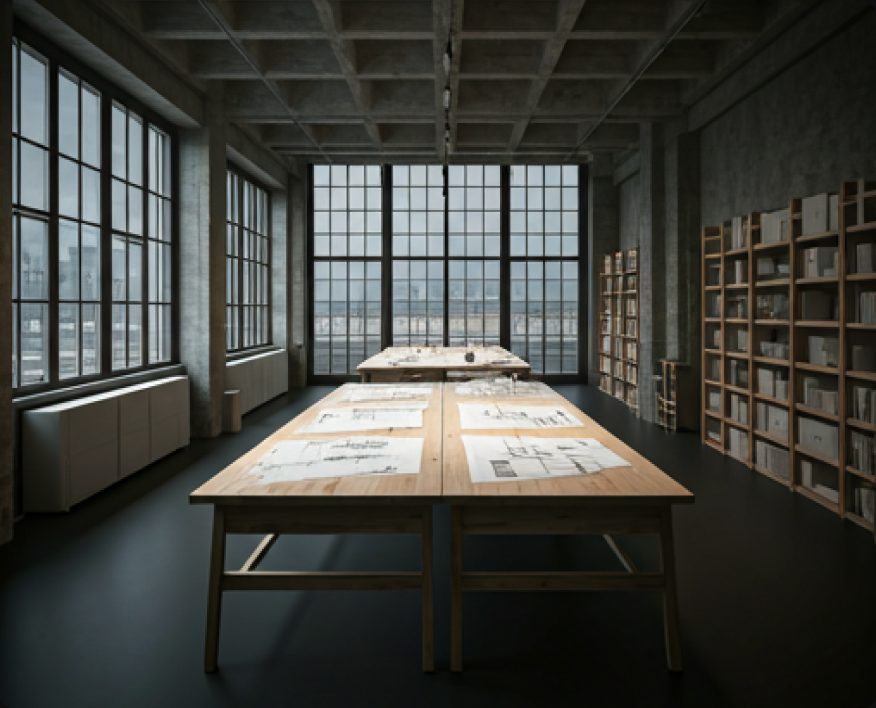 Grande table de travail dans un atelier lumineux