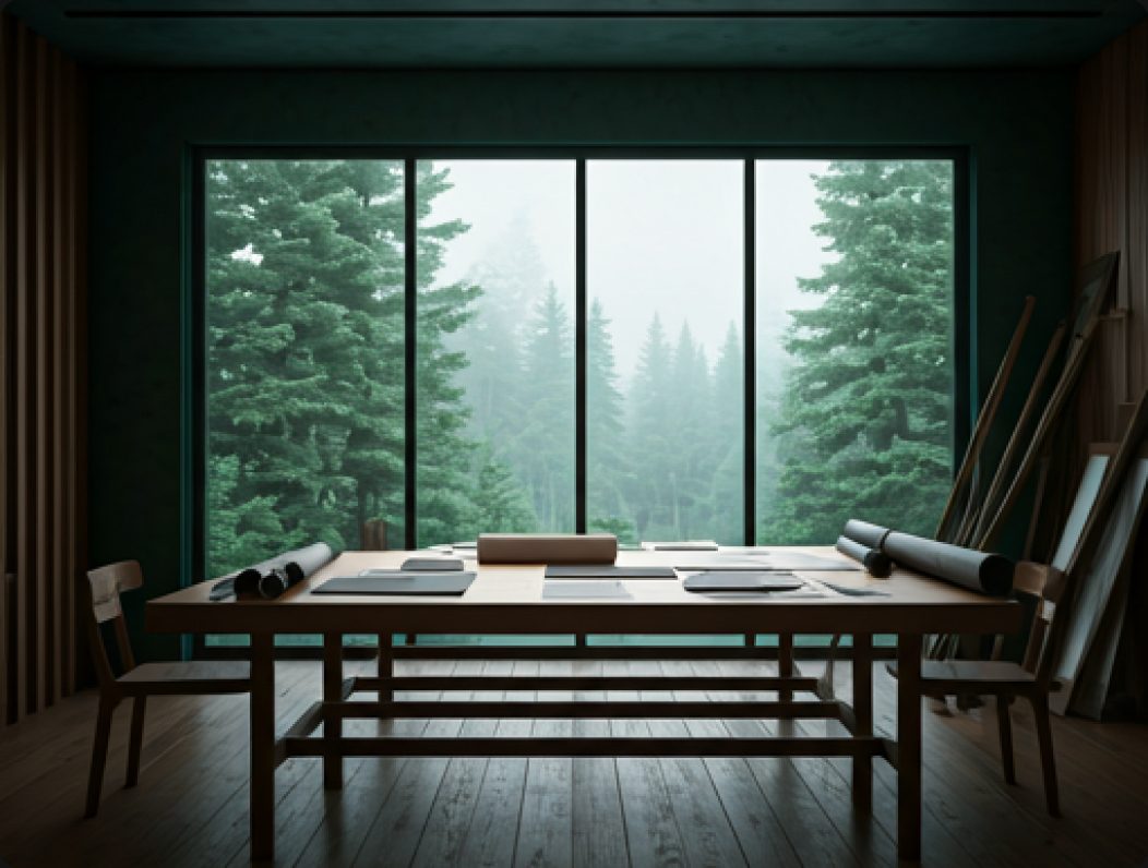 Table de travail face à une forêt de sapins