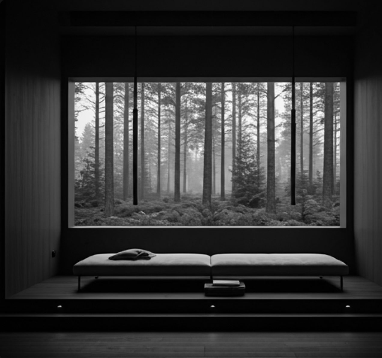 Salon minimaliste ouvert sur une forêt de pins