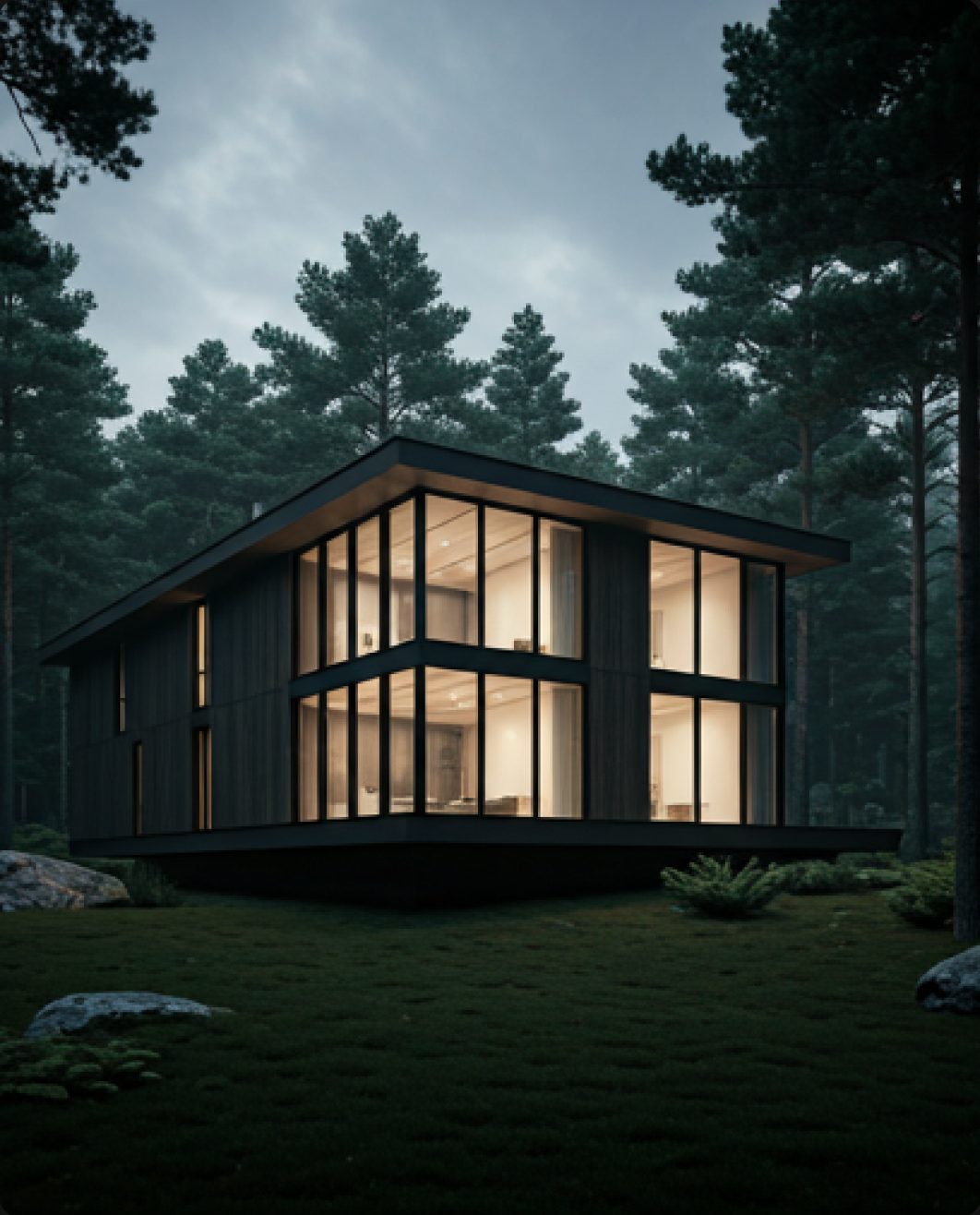 Maison vitrée éclairée dans une forêt au crépuscule