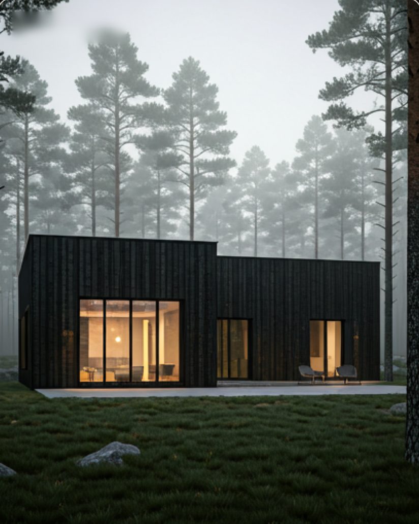 Maison noire en bois dans une forêt de pins