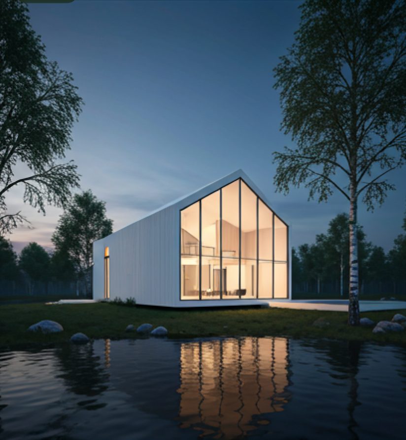 Pavillon blanc vitré au bord d'un lac