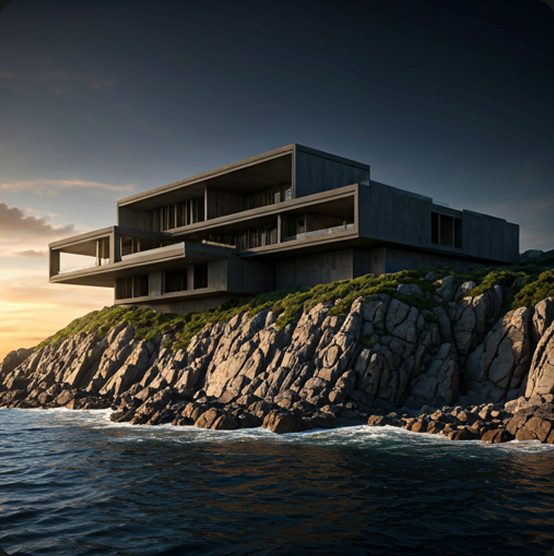 Maison en béton sur une falaise au bord de la mer