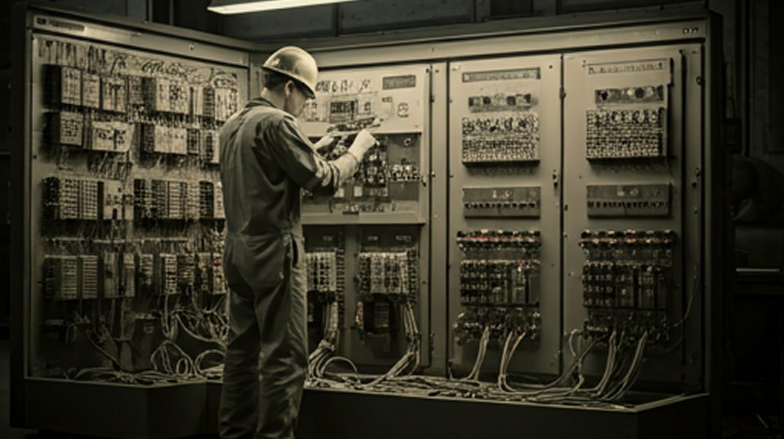 Technicien devant un tableau électrique