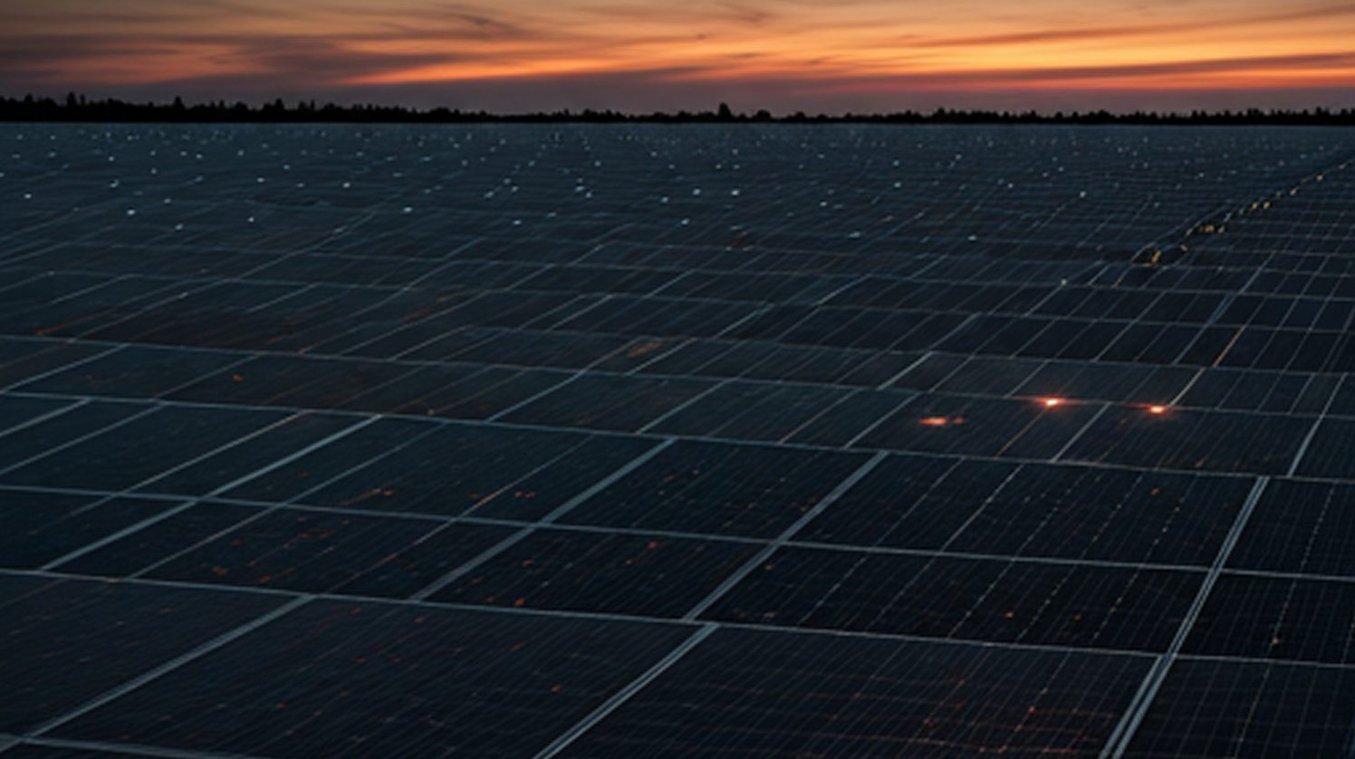 Champ de panneaux solaires au crépuscule